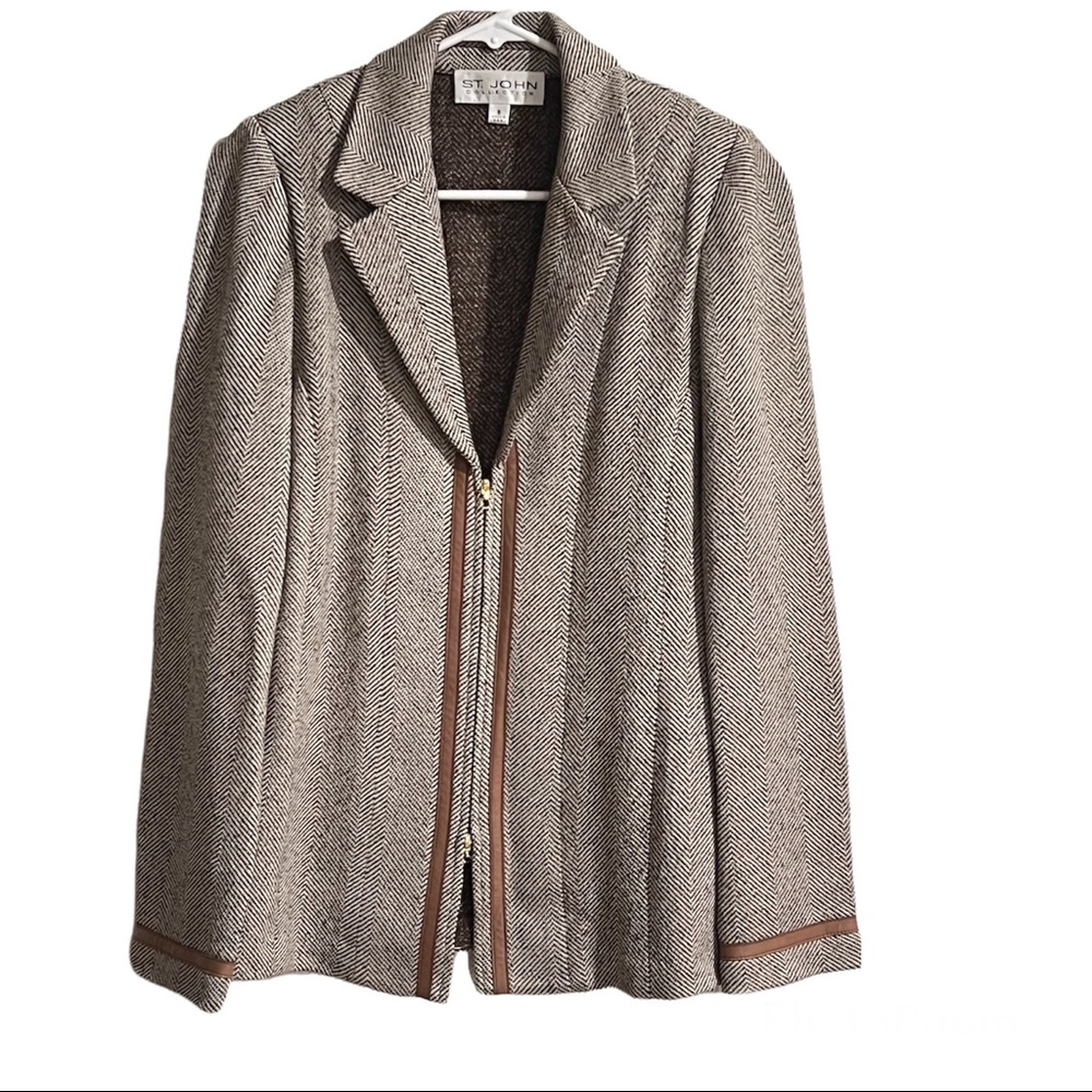 St. John Collection Brown Full Zip Leather Trim Santana Knit Blazer Sz 8